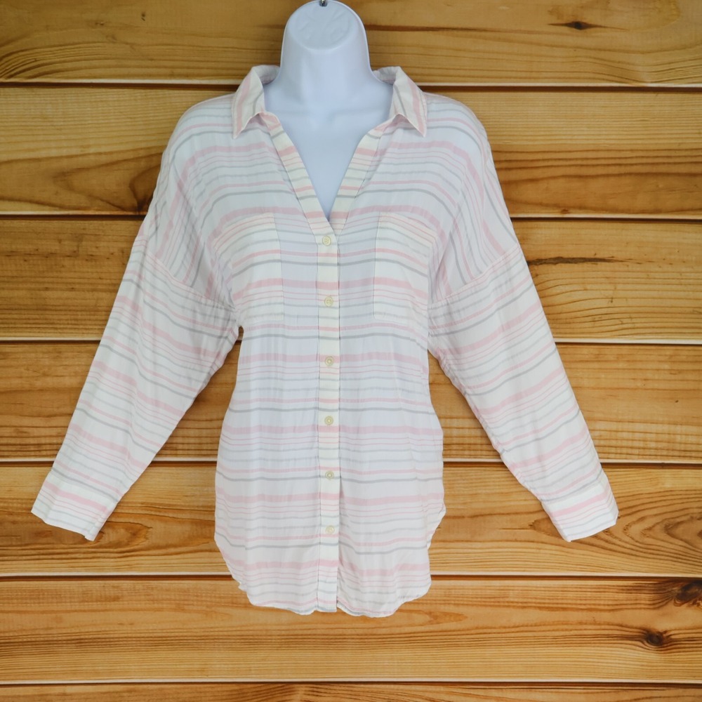 LOFT Long Sleeve Button Up Shirt Womens Sz LP White Striped Collared Lightweight